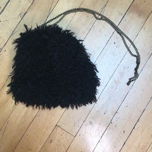 Furry small black purse with chain strap